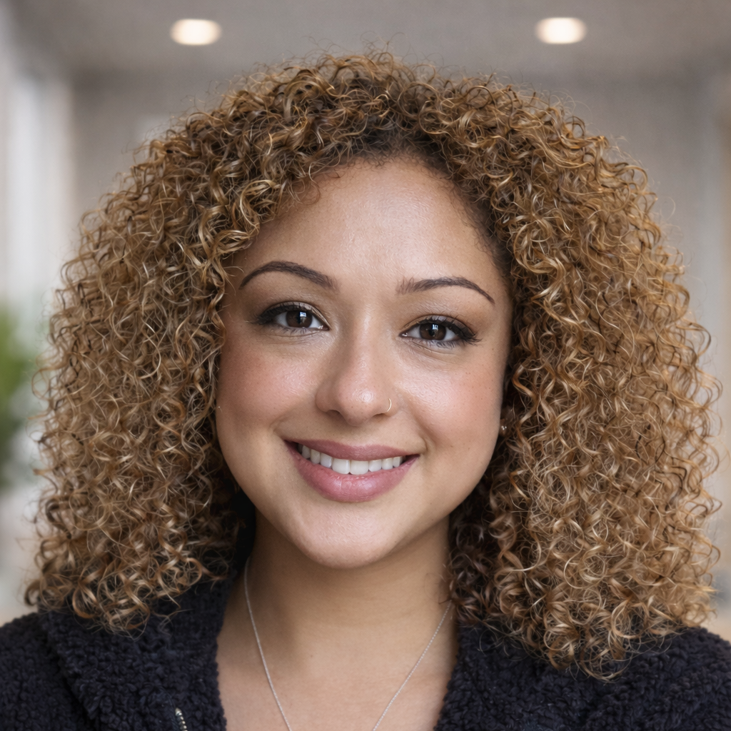 Image of Rav Garrett, a counsellor and psychotherapist with curly brown hair and brown eyes, supporting clients aged 17 and above with anxiety, people-pleasing, trauma and relationship difficulties.
