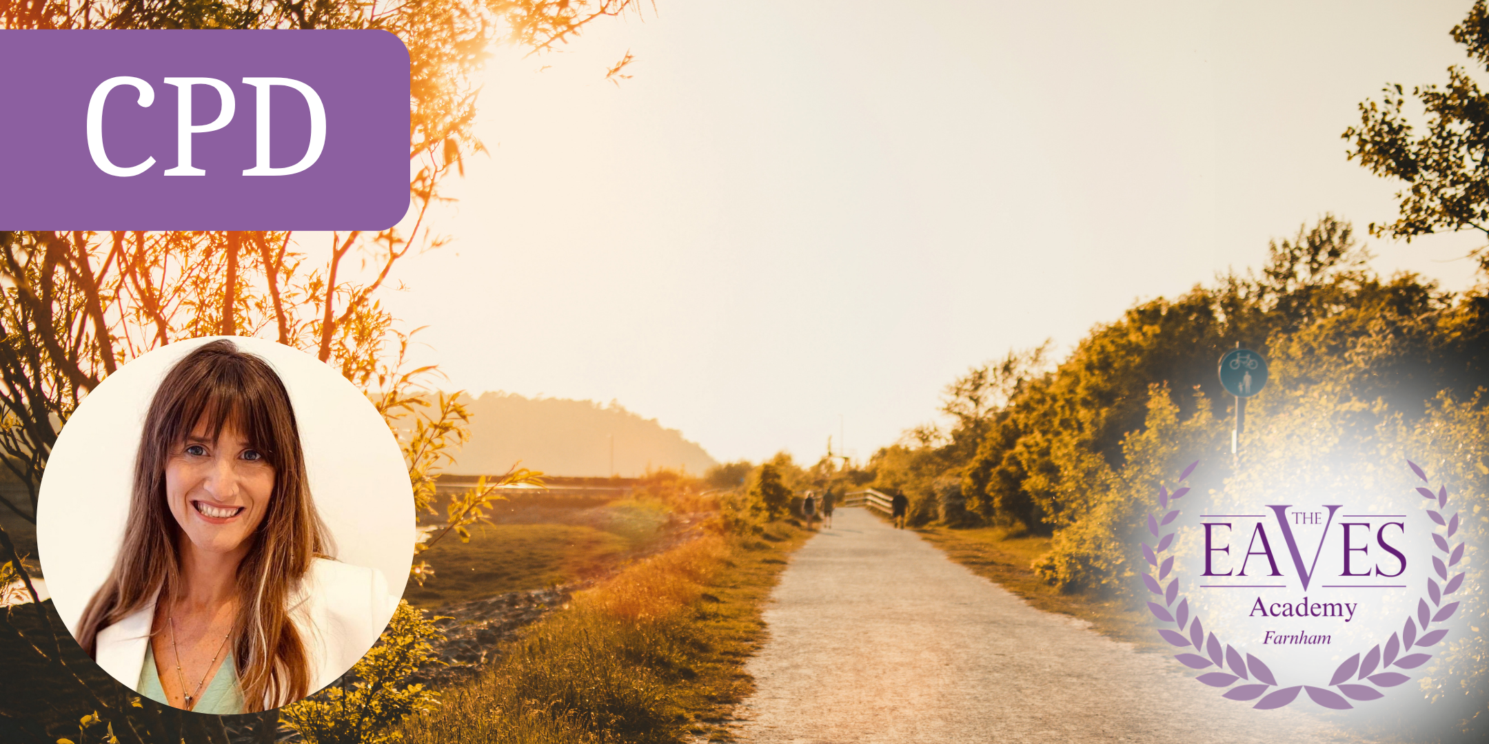 Event banner for a CPD workshop on anorexia nervosa, featuring a portrait of presenter Pilar Isla Rodríguez, a countryside pathway at sunset, and the Eaves Academy Farnham logo.